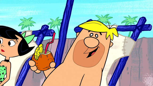 Обои картинки фото мультфильмы, the flintstones, мужчина, женщина, коктейль