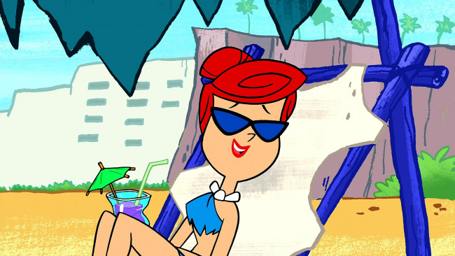 Обои картинки фото мультфильмы, the flintstones, шезлонг, очки, женщина, улыбка, коктейль
