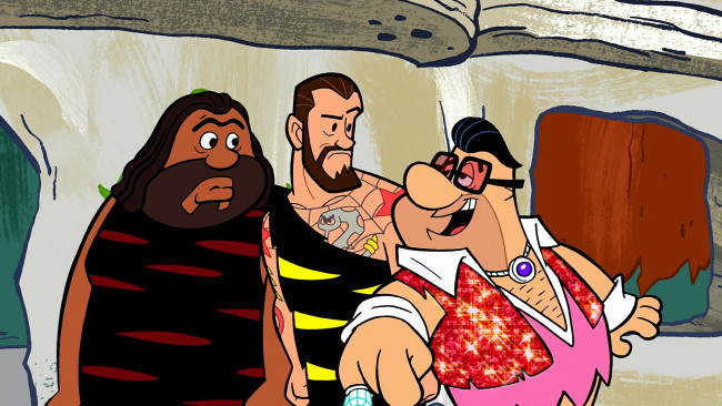 Обои картинки фото мультфильмы, the flintstones, трое, мужчина, эмоции, тату, очки