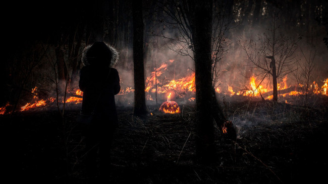 Обои картинки фото праздничные, хэллоуин, ночь, halloween, огонь, тыква, девушка