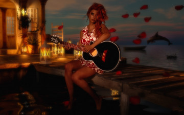 Картинка 3д+графика люди+ people девушка фон взгляд вечер пирс лодка дельфин гитара