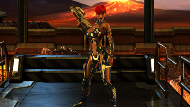 Обои картинки фото 3д графика, фантазия , fantasy, девушка, фон, униформа, оружие, вулкан