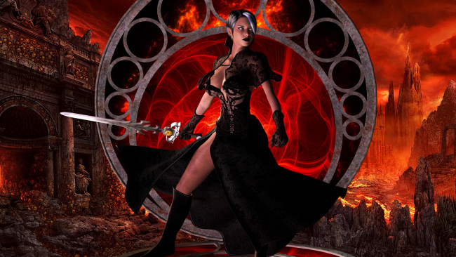Обои картинки фото 3д графика, фантазия , fantasy, девушка, фон, платье, меч