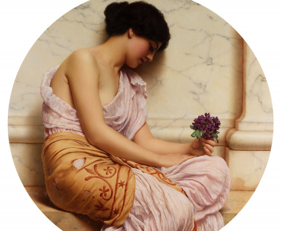 Обои картинки фото фиалки,  сладкие фиалки, рисованное, john william godward, девушка, цветы, мрамор