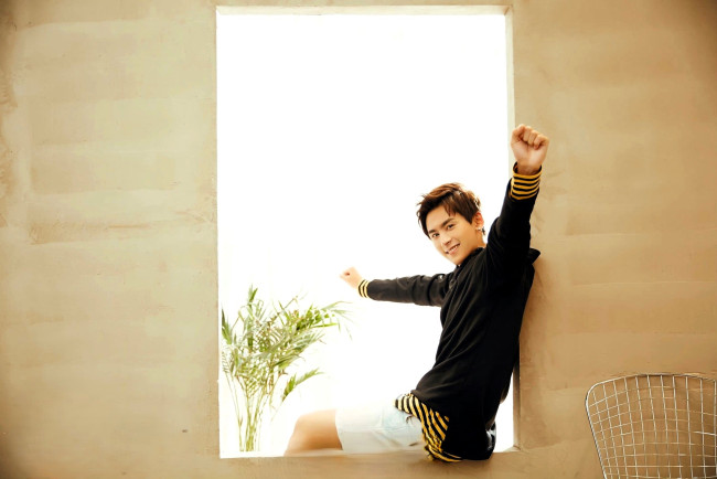 Обои картинки фото мужчины, zhang zhehan, актер, свитер, окно, цветы