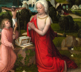 обоя adriaen ysenbrandt - the magdalen in a landscape, рисованное, adriaen ysenbrandt, женщина, книга, распятие, молитва