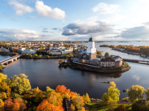 обоя выборгский замок, города, санкт-петербург,  петергоф , россия, панорама, река, деревья, осень