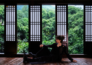 обоя jing long, мужчины, -unsort, актер, пиджак, ботинки, пол, окна, зелень