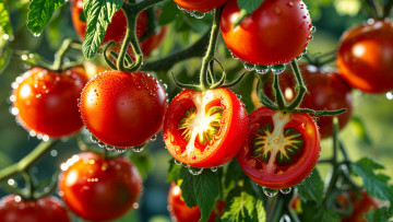 обоя 3д графика, природа , nature, куст, помидоры, макро, капли