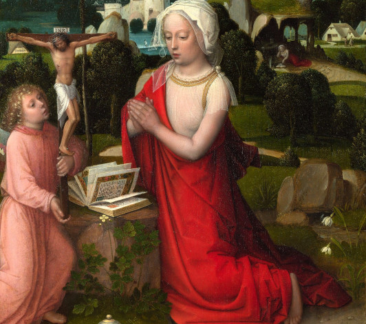 Обои картинки фото adriaen ysenbrandt - the magdalen in a landscape, рисованное, adriaen ysenbrandt, женщина, книга, распятие, молитва