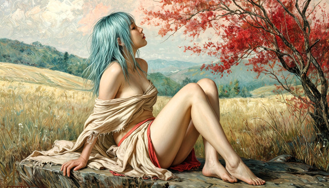 Обои картинки фото рисованное, люди, девушка, камень, поле, дерево, роща