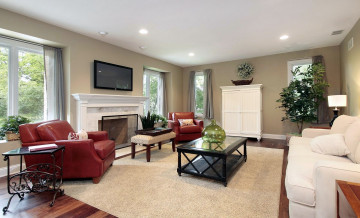 Картинка интерьер гостиная камин плазма столик вазон кресла