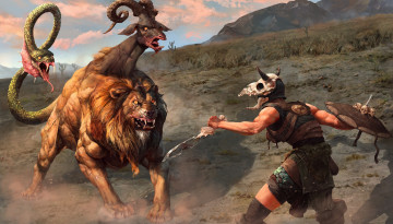 Картинка фэнтези существа меч кость воин змея змей лев химера щит