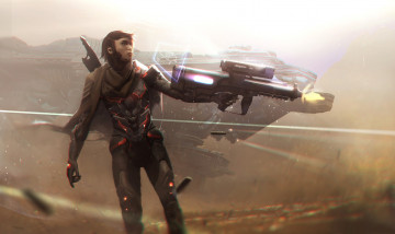 Картинка фэнтези люди автомат костюм корабль пустыня солдат охотник