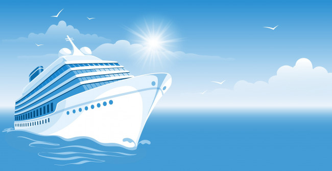 Обои картинки фото векторная графика, техника, cloud, ship, birds, sun, sea, птицы, солнце, облака, корабль, море