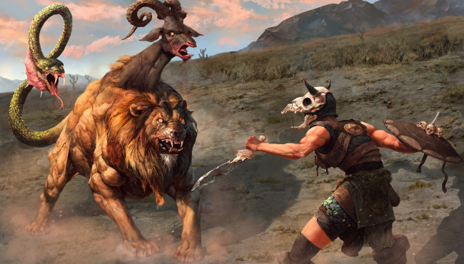 Обои картинки фото фэнтези, существа, меч, кость, воин, змея, змей, лев, химера, щит