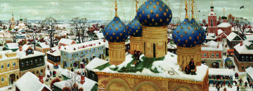 Картинка над+городом+-+алексей+смирнов-воскресенский рисованное живопись дома церковь храм панорама город небо рынок люди улицы здания