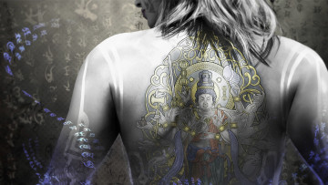 Картинка видео+игры devil`s+third devil's third татуировка спина губы волосы голова рисунок иероглифы valhalla game studios nintendo