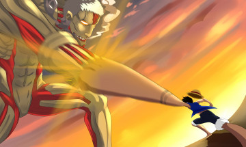 Картинка аниме unknown +другое атака титанов титан большой куш сражение закат разное