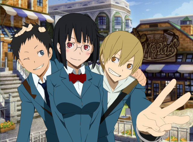 Обои картинки фото аниме, durarara, дюрарара, девушка, парни, арт