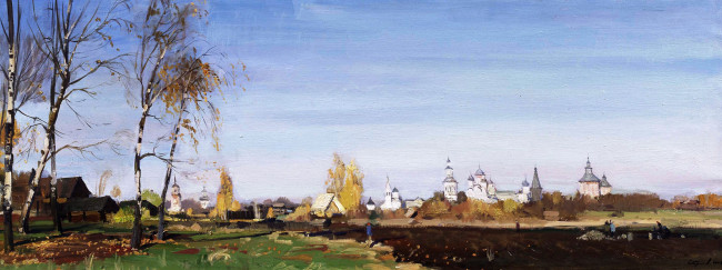 Обои картинки фото бабье лето - валерий страхов, рисованное, живопись, церкви, пашня, селение, деревья, осень