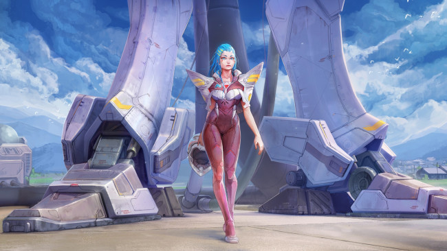 Обои картинки фото аниме, оружие,  техника,  технологии, шлем, титан, костюм, девушка