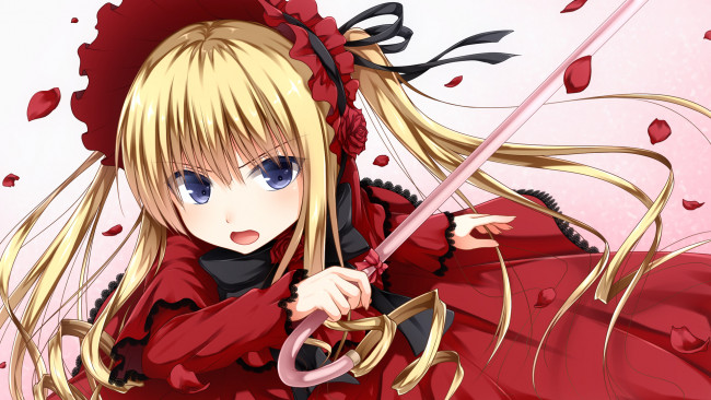 Обои картинки фото аниме, rozen maiden, haryuu, poetto, rozen, maiden, shinku, роза, арт, девочка, трость, лепестки