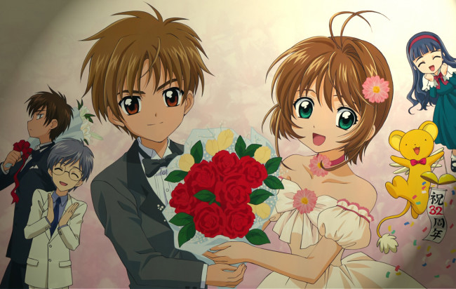 Обои картинки фото аниме, card captor sakura, мальчик, букет, девочка