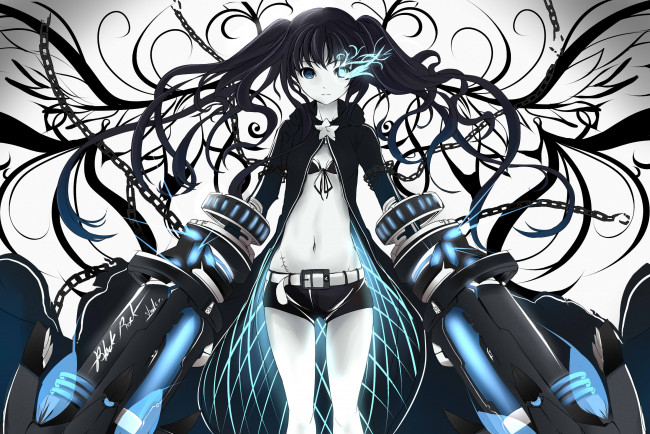 Обои картинки фото аниме, black rock shooter, black, rock, shooter, kuroi, mato, faefaea, оружие, арт, девушка