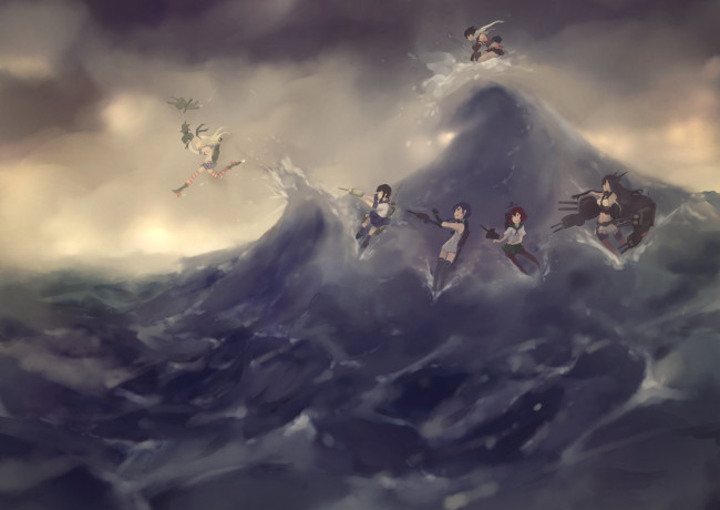 Обои картинки фото аниме, kantai collection, арт, девушки, tagme, artist, shimakaze, sendai, samidare, rensouhou-chan, вода, оружие, nagato, mutsuki, kancolle, fubuki, kantai, collection