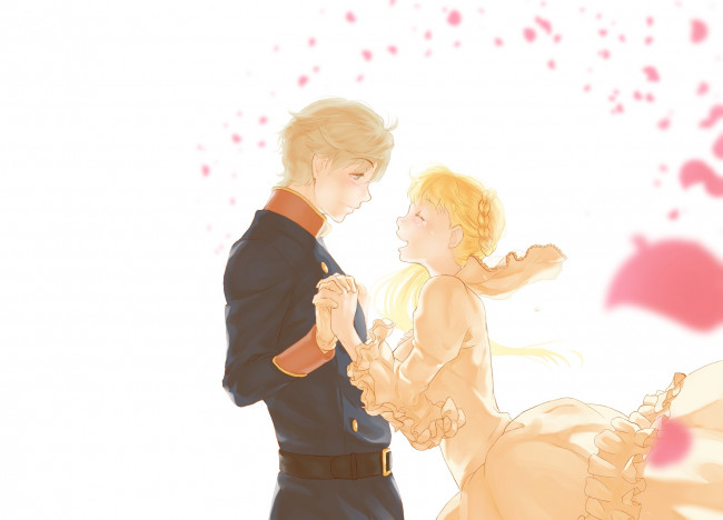 Обои картинки фото аниме, aldnoah zero, девушка, слейн, лепестки, аселум, пара, арт, принцесса, парень