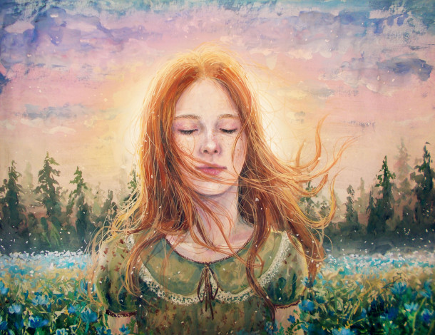 Обои картинки фото рисованное, живопись, девочка, фон, природа