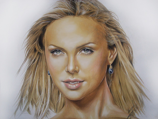 Обои картинки фото charlize theron, рисованное, люди, фон, девушка, взгляд, знаменитость, портрет, актриса
