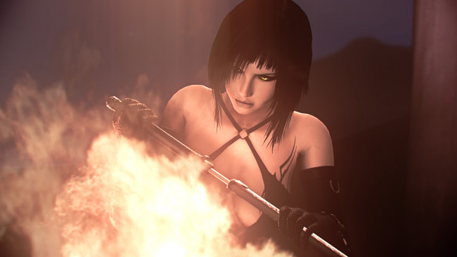 Обои картинки фото рисованное, комиксы, девушка, фон, огонь, мечь, тату