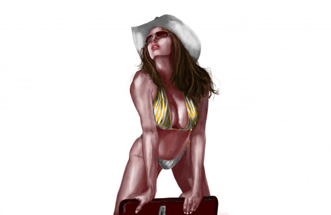 Обои картинки фото рисованное, люди, шляпа, фон, купальник, очки, девушка