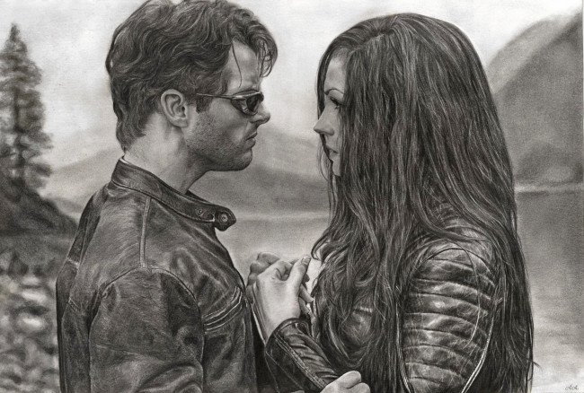 Обои картинки фото рисованное, кино, девушка, мужчина, очки