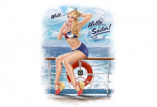 Обои картинки фото рисованное, комиксы, девушка, фон, взгляд, улыбка, море, корабль