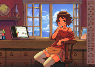 Картинка календари аниме кувшин стул 2018 девушка взгляд окно монитор