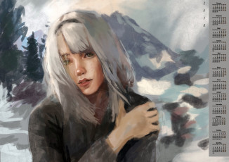 Картинка календари рисованные +векторная+графика взгляд 2018 девушка снег гора