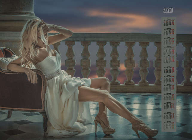 Обои картинки фото календари, девушки, блондинка, 2018, кресло