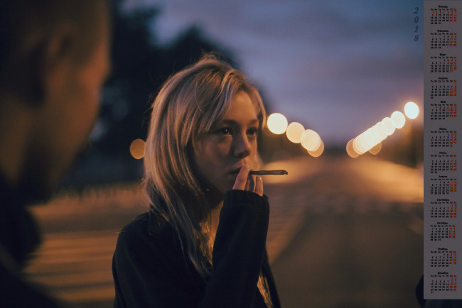 Обои картинки фото календари, девушки, 2018, сигарета, взгляд