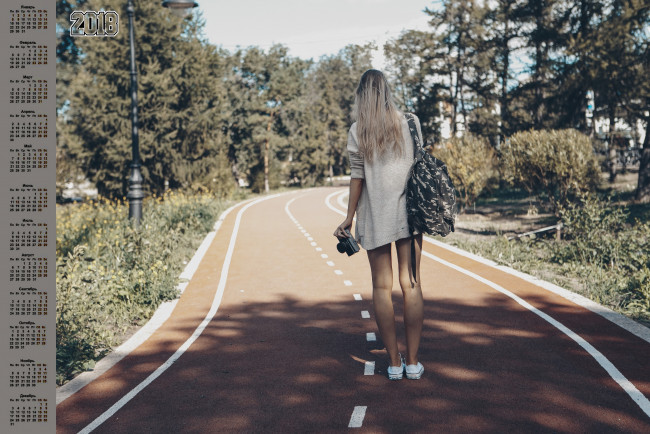 Обои картинки фото календари, девушки, рюкзак, деревья, фотоаппарат, растения, дорога, 2018