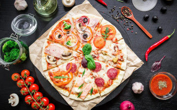 Картинка еда пицца зелень помидоры томаты