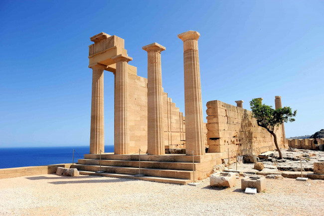 Обои картинки фото города, - исторические,  архитектурные памятники, колонны, развалины, родос, линдос, акрополис