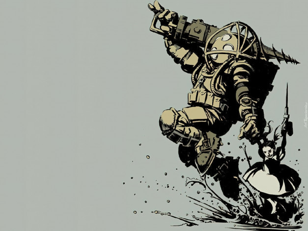 Обои картинки фото видео игры, bioshock, киборг, девочка