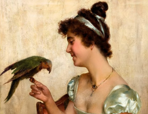 обоя рисованное, vittorio reggianini, женщина, дама, украшения, попугай, стул