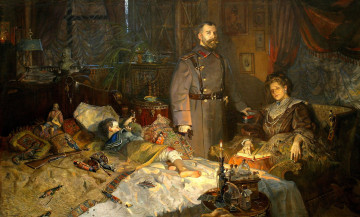 обоя рисованное, павел рыженко, люди, семья, кровать, игрушки, шинель