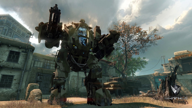 Обои картинки фото видео игры, warface, робот, техника, оружие, грузовик, двор, дома