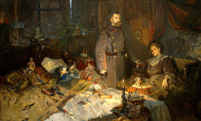 Обои картинки фото рисованное, павел рыженко, люди, семья, кровать, игрушки, шинель