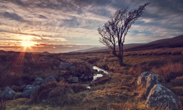 Картинка природа восходы закаты лучи солнце камни река дерево